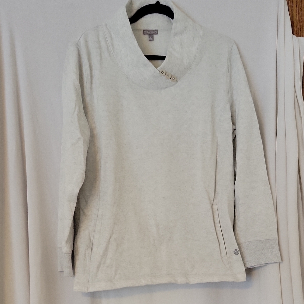 T by Talbots White Heather Buttoned Cowl Neck Pullover Top